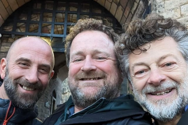 From left: festival goer Matthew Marshall, his mate Kirt and Lord of the Rings star Andy Serkis who went to Lancaster Music Festival.