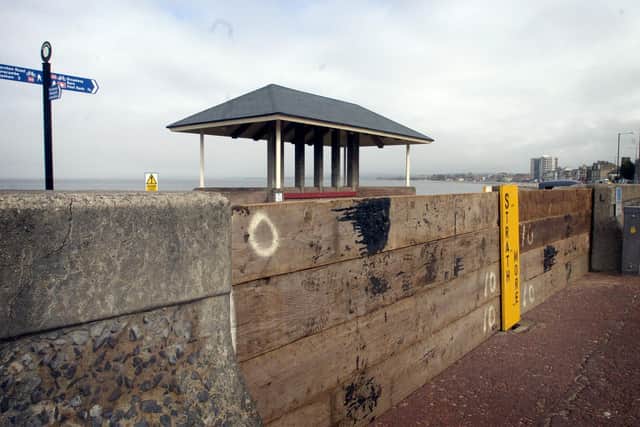 Storm boards in place on the promenade.