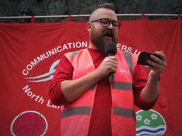 Neil Parker of CWU speaking in Dalton Square.
