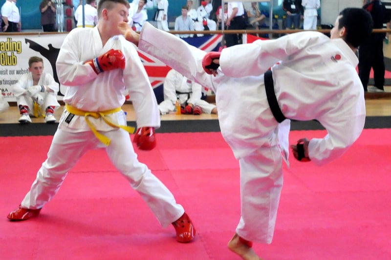 Dylan Hattingh from Lancaster (left) fighting Andreh Bahodi from Aalborg in the karate contest in 2013.