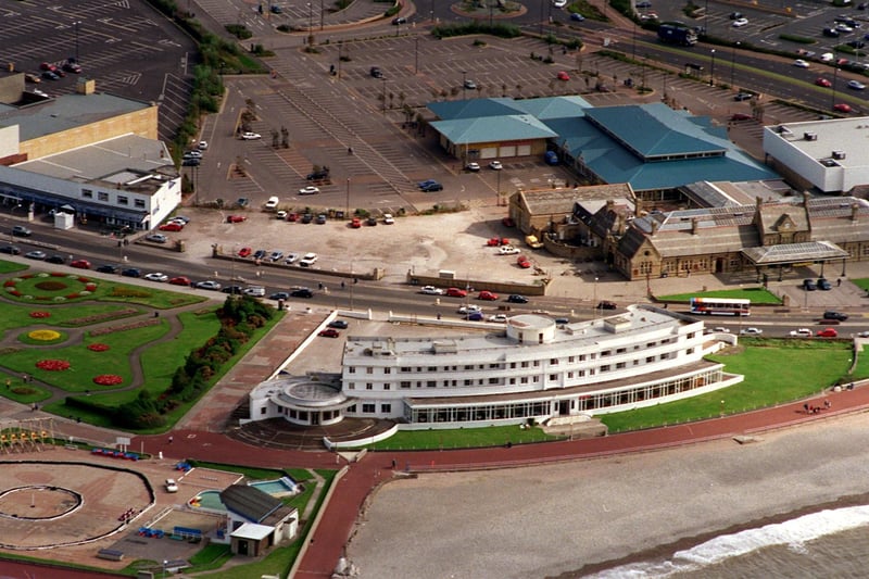 An aerial view of the hotel.