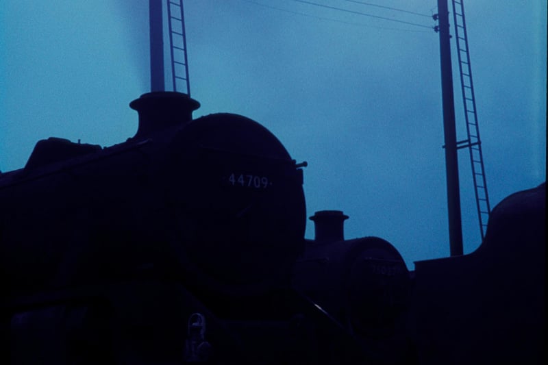 Silhouettes of locomotives in the shed yard at Carnforth in 1968.