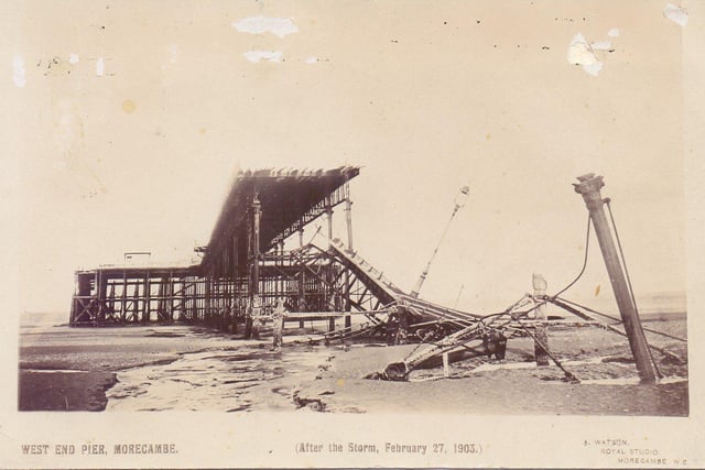 Morecambe West End Pier was damaged by storm on February 27, 1903 (the pier was eventually demolished in 1978) from Lancashire’s Seaside Piers by Martin Easdown.