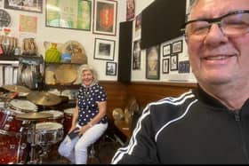 Barbara McInnis with former Simply Red drummer Chris Joyce, who has been teaching her the drums.