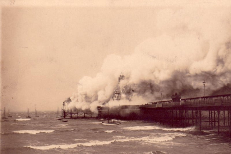 Morecambe's Central Pier's Taj Mahal Pavilion was destroyed by fire on July 31, 1933. The pier was eventually demolished in 1992. (From Lancashire’s Seaside Piers by Martin Easdown).