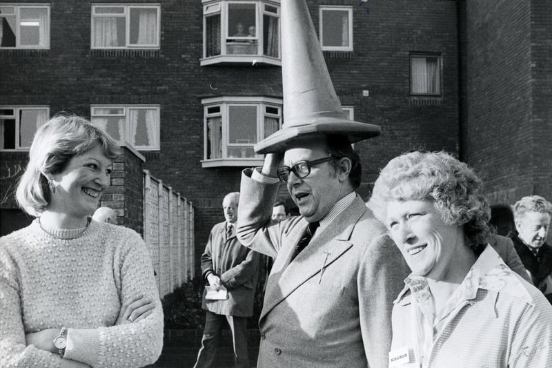 Eric Morecambe clowning around at the opening of Tarnbrook Court sheltered housing in Morecambe in 1982.