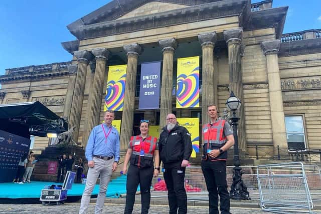Peter Harrison, Amy Stanley, Mark McQuaid and Dave Mangan from FGH Security at the Eurovision Song Contest opening ceremony.