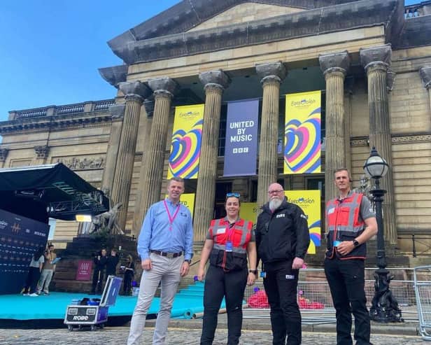 Peter Harrison, Amy Stanley, Mark McQuaid and Dave Mangan from FGH Security at the Eurovision Song Contest opening ceremony.