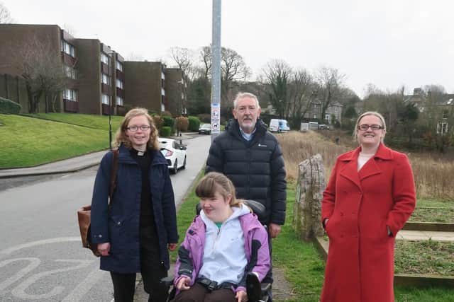 Pictured at the new access to Miss Whalley's Field are Christ Church vicar, Rev Carol Backhouse; Sarah Bayton; Friends of Miss Whalley's
Field chair, Paul Wiggins and County Coun Lizzi Collinge.