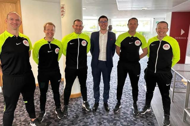 Some of the Select Group 2 referees with Leukaemia Care CEO Zack Pemberton-Whiteley.