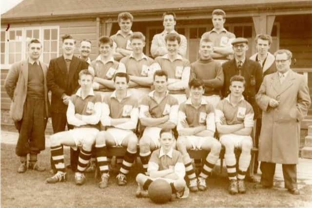 North Lancs and District Football League Under 18s 1958-59. Players only, Back row from left: Harry Bland, Dave Moorby (reserve), Chris Wright, Middle row, from left: Bill Varey, Cross, Mal Smith, Alec Bell, Front row from left: AN Other, Terry Ainsworth, Dickie Danson (captain), Trevor Webb, Nodder Muckalt.
