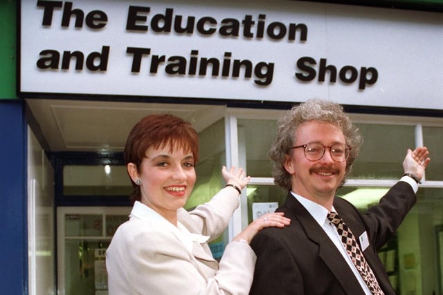 Celebrating the opening of Lancaster and Morecambe College's new Education and Training Shop are shop manager Paul Meredith and information assistant Claire Woods.