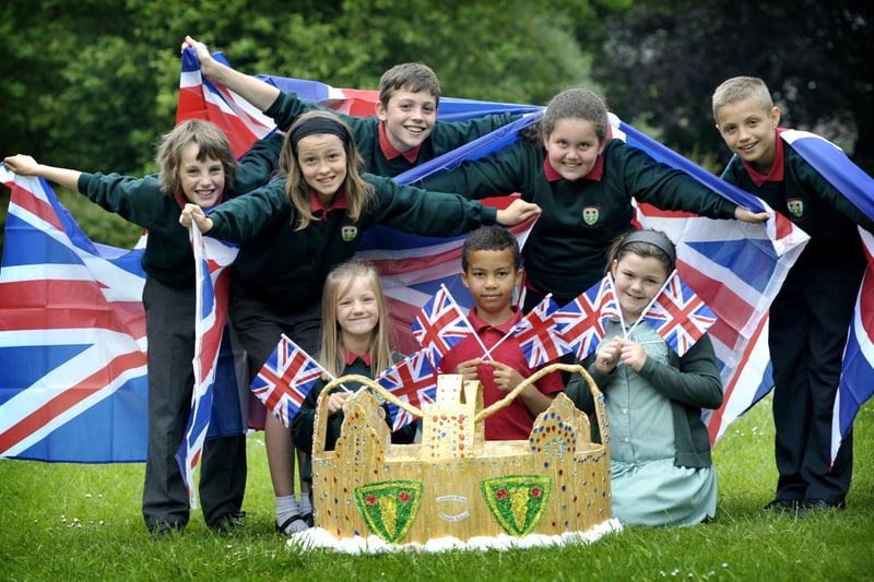 Celebrating the Jubilee and complete with crown, children from Lancaster Road School, (front kneeling) Charla Dixon, Jason Statter and Natalie Wilson and standing, from left, Miles Davis, Camden Bannon, Tom Lawton, Sinead Armistead and Dorian Terlecki.
