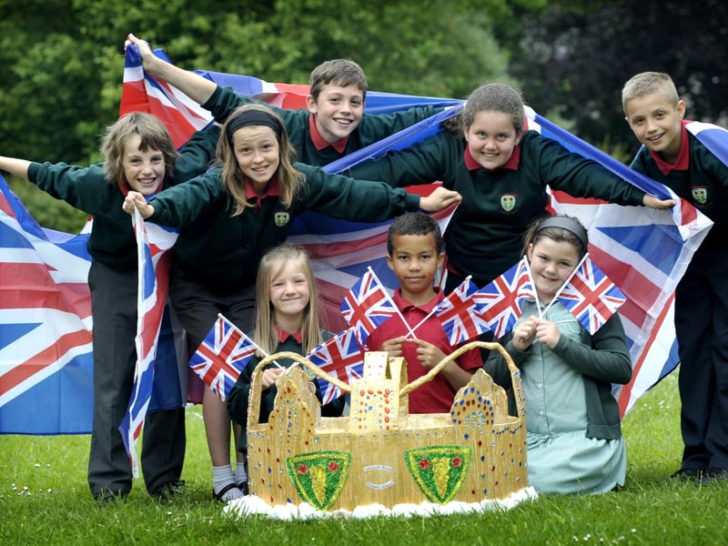 Celebrating the Jubilee and complete with crown, children from Lancaster Road School, (front kneeling) Charla Dixon, Jason Statter and Natalie Wilson and standing, from left, Miles Davis, Camden Bannon, Tom Lawton, Sinead Armistead and Dorian Terlecki.