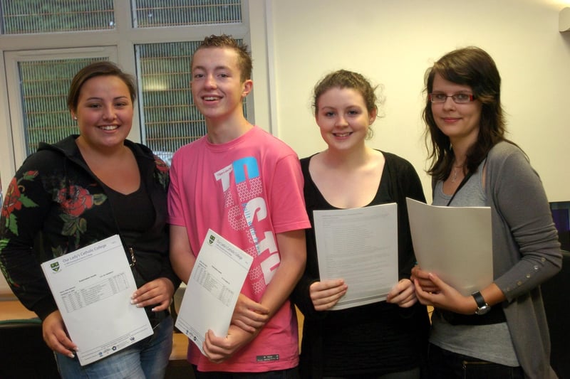 Our Lady's Catholic College pupils Helen Beswick, Sean Hegarty, Sarah McGahon and Isabela Gaik with their GCSE results.
