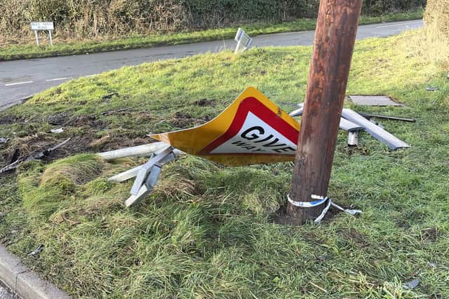One of the 'Give Way' signs was hit in a collision. Photo by Nigel Hodgson