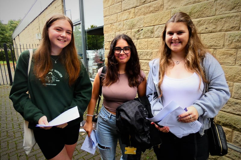 From left, Phoebe, Andrea and Ruby are delighted with their results – Phoebe will move to Kendal College to study health while Andrea and Ruby are staying on in the Sixth Form at Ripley.