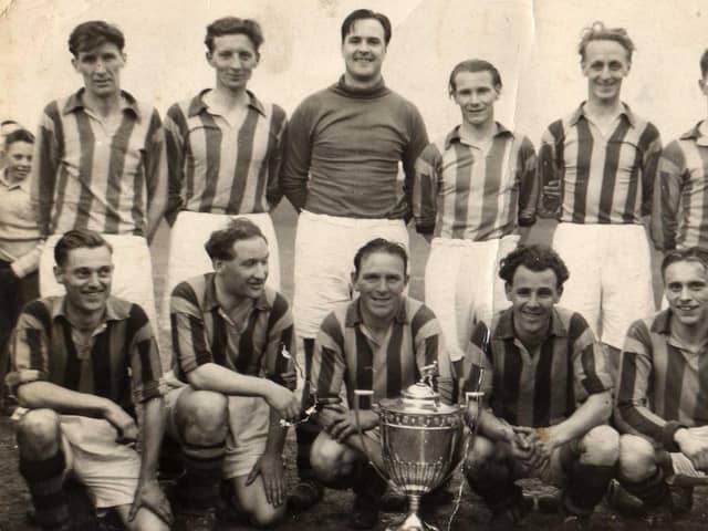 Dry Dock United - Senior Charity Cup Winners 1953/54. Front row L-R, Russell Dunkeld, Cyril Gardner, Reg Lowry, Jack McCrae, George Millings. Back row L-R, Jack Sargent, Stan King, Reg Gibbins, Les Robinson, Bob Baines, Ray Briggs.