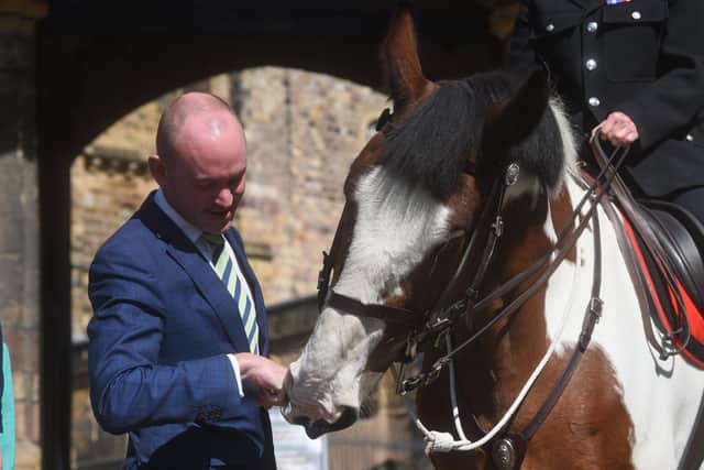 Police and Crime Commissioner Andrew Snowden meets one of the visiting police horses.