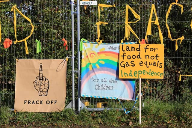 Posters outside energy firm Cuadrilla's site in Preston New Road, Little Plumpton, near Blackpool when frakcing began in 2018. Peter Byrne/PA Wire