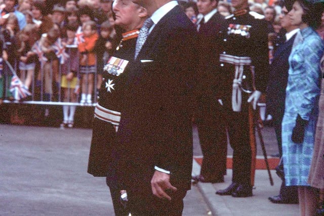 Prince Philip in Lancaster with a military official on his visit for the silver jubilee in 1977. From Mr R Walker, Slyne.