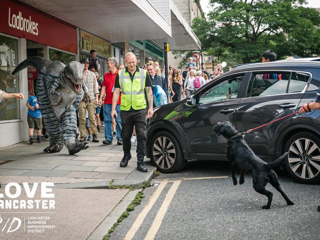 A dog barks at a dinosaur walking into town for Dino Fest. Picture by Ginny Koppenhol.