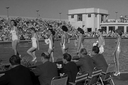 Bathing beauties at the Super Swimming Stadium during a scene from the 1960 film, The Entertainer, which was filmed in Morecambe.