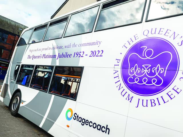 © Harry Atkinson 30/05/2022. Stagecoach run a bus with a Queen's Jubilee themed livery. The bus goes from Carlisle to Brampton and back. Photos from the Carlisle Bus Station and route to Brampton.