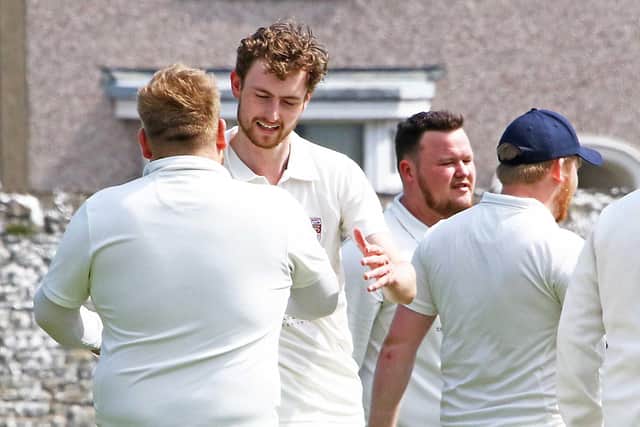Lancaster bowler Tom Rose celebrates a wicket against Longridge Picture: Tony North