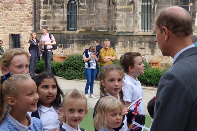 Prince Edward meets pupils from Dallas Road Primary School, Lancaster.