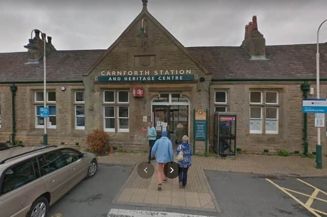 The men boarded the train at Carnforth then one assaulted a train guard when he went to check tickets. Picture from Google Street View.