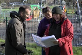 Zack Polanski meeting with Couns Abi Mills and Sally Maddocks at Greaves Park to view progress on the construction of a new playground, the funding for which was raised by Coun Mills.