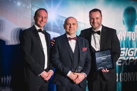 Lee Reynolds (middle), owner and Franchisee of Signs Express (Lancaster), with Aaron Davis, Network Development Director (left) and Jonathan Bean, Managing Director. Picture: Gareth Newstead Photography