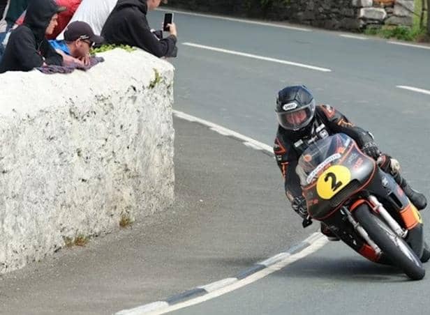 Alan Oversby crashed during the 400cc race on the Billown Circuit on the approach to Ballakeighan, on the second lap of the race. Photo: Southern 100 Road Races.