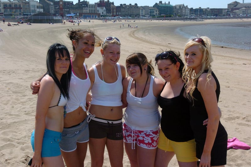 Heysham High School leavers, Nicola Morgan, Layla Penman, Hannah Curwen, Brodii Simpson, Leah Curwen and Gemma Parker, having fun in the sun on Morecambe beach.