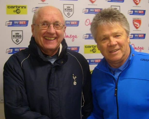 Terry Ainsworth with former Spurs player, Steve Perryman, at Morecambe FC in 2016.