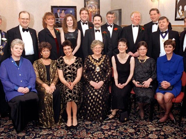 The Mayor of Lancaster, Coun Janet Horner (front row, centre), pictured with top table guests at the Licensed Victuallers annual ball held in the Carlton Inn, Morecambe. Included in the group are chairman George Whittaker (extreme left) and vice-chairman Jack Lennon (extreme right).