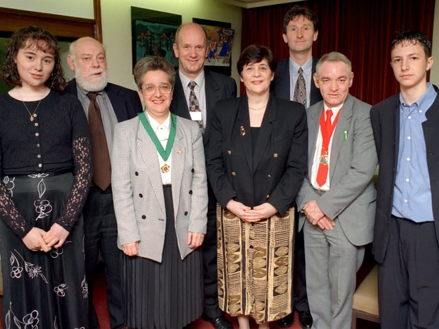 Staff, pupils and guests at Skerton High School's presentation evening. From left are, Kelly-Marie Haygarth, head girl; John Stoessl, chair of governors; Sheila Kavanagh, deputy mayoress; David Roddam, guest speaker and principal of Lancaster and Morecambe College; Chris Adams, head of upper sixth form; Peter Doyle, headteacher; Patrick Kavanagh, deputy mayor; and Gavin Fry, head boy.