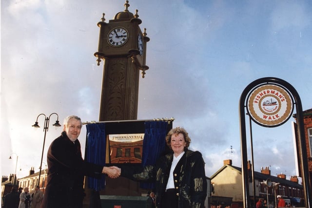The official opening of Fleetwood's Fishermen's Walk. Doreen Lofthouse, and Brian Rowe of Wyre council perform the honours
