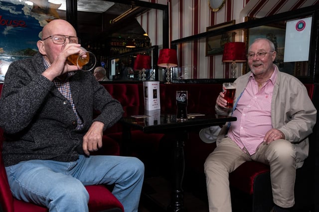 Norman Hanson and Eddie Francis enjoying a swift pint inside the Lord Nelson.