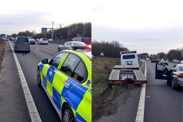 Police tweeted: "Car transporter driver ignores red X and crashes in to back of van. 
"Reason? Over twice the drink drive limit, blew 80. Arrested and blood sample obtained. #Fatal4"