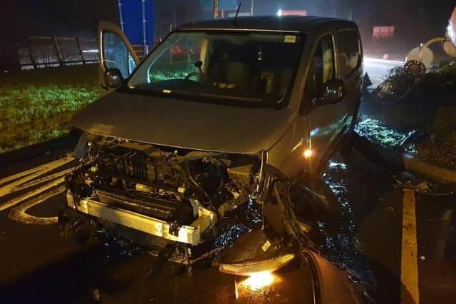The van was spotted colliding into multiple bridges before weaving across all three lanes (Credit: @LancsRoadPolice)