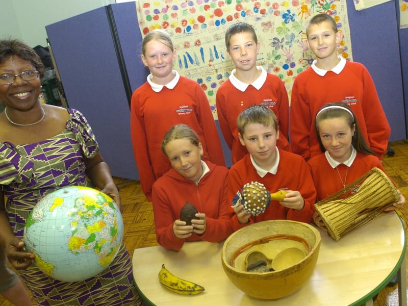 Miso' Shi from Ghana with Sandylands school pupils Jake Mason, Megan Proctor, Charlotte Hill, Daniel Smith, Sam Brearly and Hayley Steele during an African themed week at the school.
