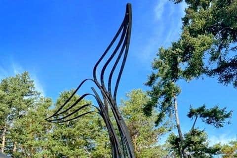 Andrew Kay’s orca’s tail sculpture, designed and built in Cumbria and now installed at Hunters Island, Canada.