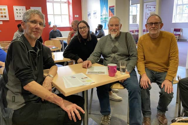 At a Lancaster Men's Shed coffee drop-in session are, from left: David Mace (chair of Lancaster Men's Hub), special guest Rachel Meadows (volunteer and community development manager of the UK Men’s Sheds Association), John Strivens and David Smith (trustees).