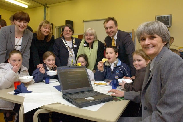 Chairman of Lancashire County Council Hazel Harding (right) launches "Mega Bytes" the new breakfast club at West End CP school in Morecambe, watched by guests and pupils
