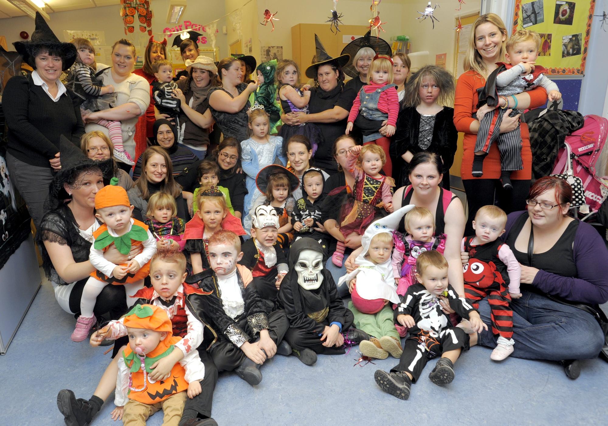 Witches and ghosts at a Balmoral Children's Centre, and Morecambe and Lancaster Home Start Halloween party.