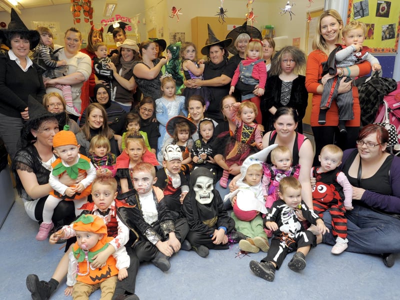 Witches and ghosts at a Balmoral Children's Centre, and Morecambe and Lancaster Home Start Halloween party.