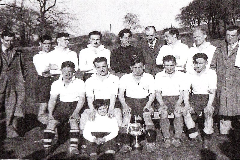 Bentham United, Craven Cup Winners, 1947-48. Back row (players only): Bobby Brayshaw, ??, ??, Billy Noble, ??, ??, Ernie Maunders (trainer). Front row: Eric Chappell, Tommy Chappell, Wilf Chappell, Noel Bell, Micky Noble, Mascot, Noel Thompson.