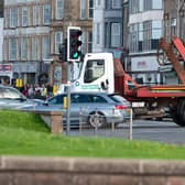 A dramatic crash scene being filmed on Morecambe prom for ITV's The Bay.